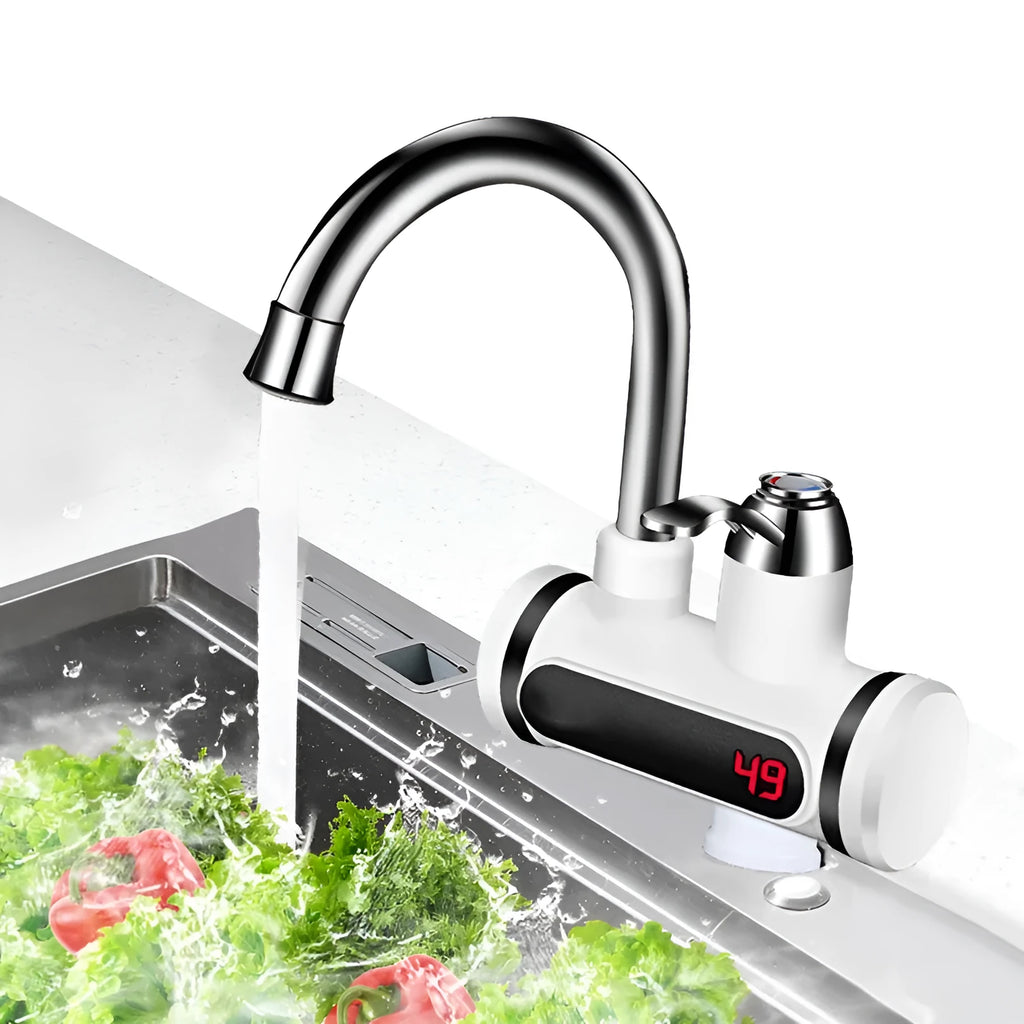 White instant electric water heater tap with digital temperature display for kitchen