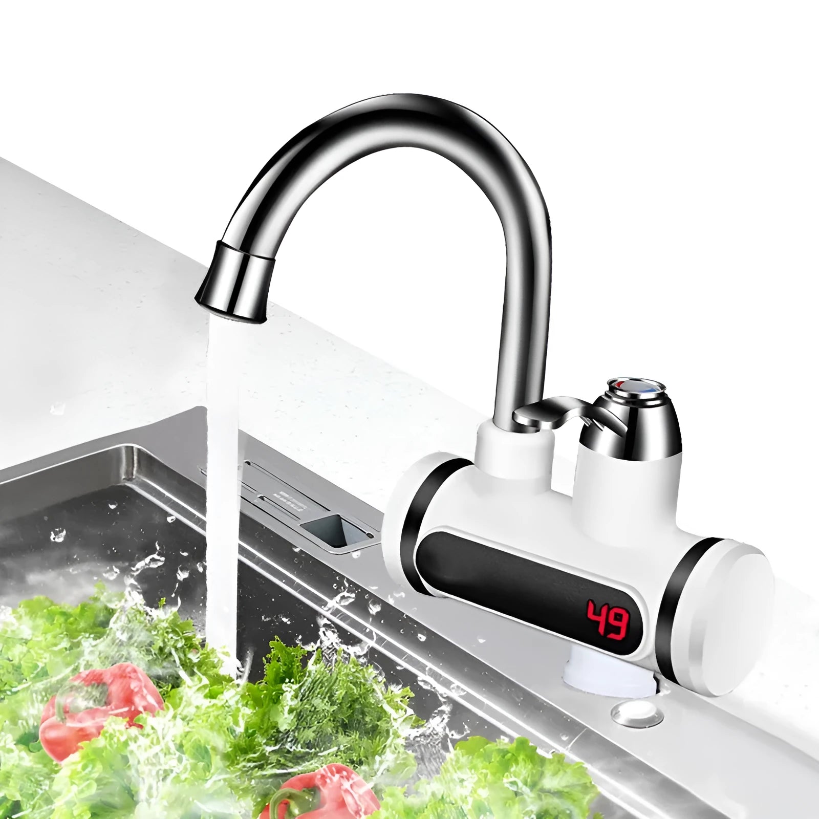 White instant electric water heater tap with digital temperature display for kitchen