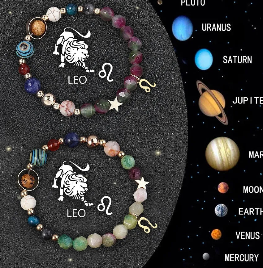 Natural stone beaded bracelets featuring zodiac sign designs including Aquarius, Pisces and Aries symbols