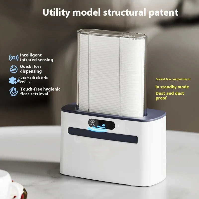 Intelligent induction dental floss box in dark grey, gold, and light grey colour options showing automatic pop-up mechanism.
