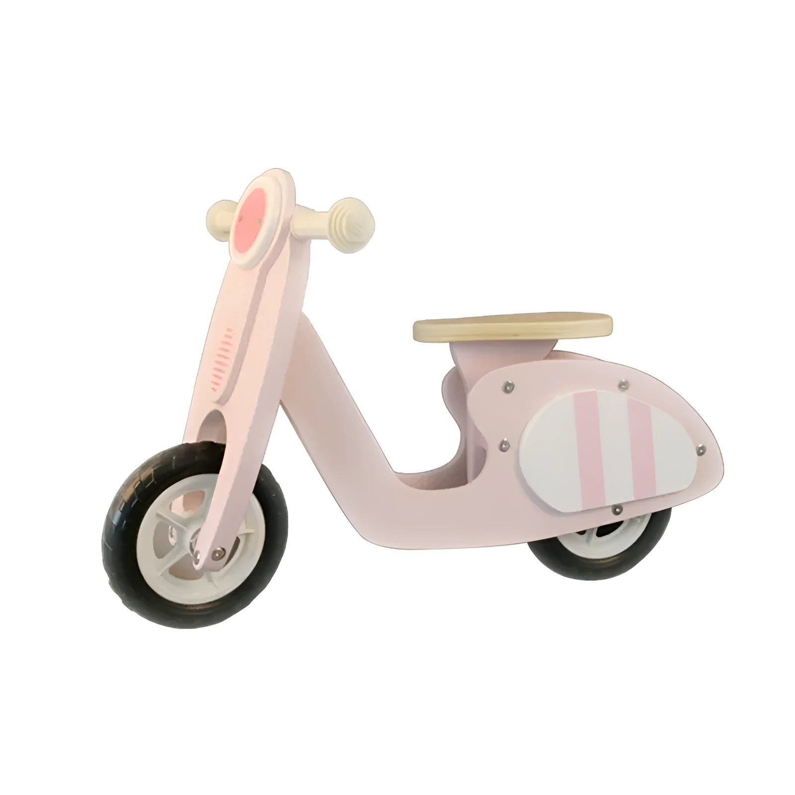 Pink wooden balance scooter for toddlers with 10-inch wooden platform