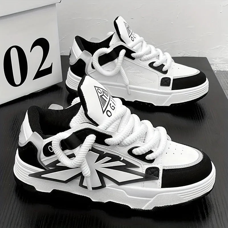 Men's white chunky sneakers with thick rubber sole, synthetic leather upper, and front lace-up.