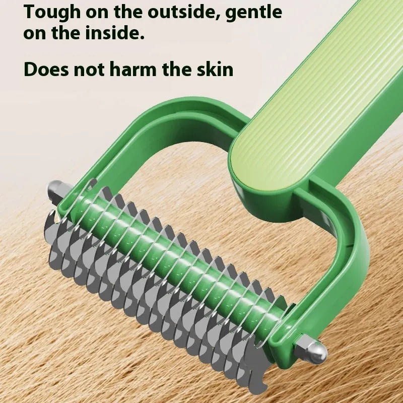 Pet hair unknotting comb with stainless steel blades and PP handle in green or grey