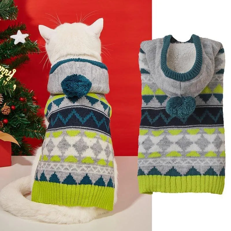 Blue knitted dog sweater with a diamond pattern on a small dog model.