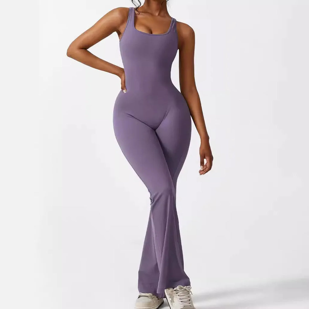 Women's sleeveless flare jumpsuit in polyester for fitness and yoga