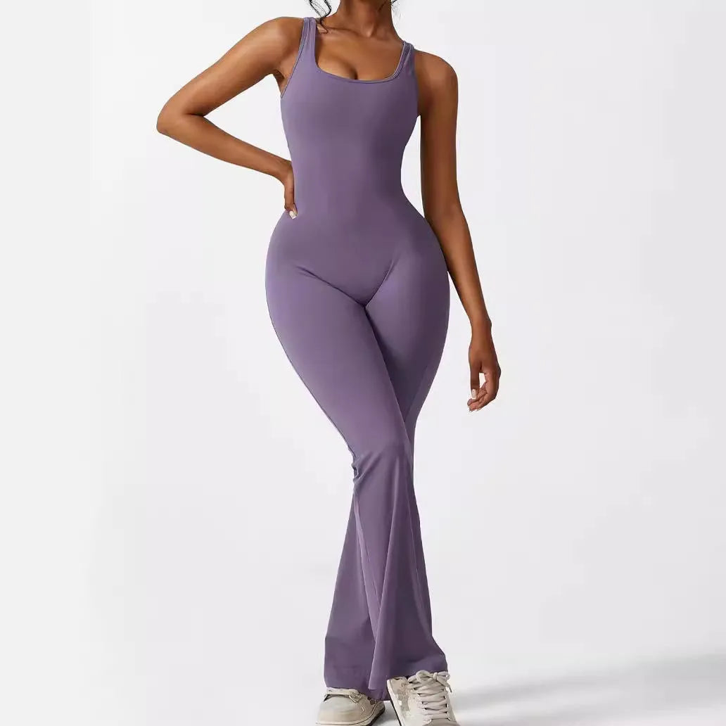 Women's sleeveless flare jumpsuit in polyester for fitness and yoga