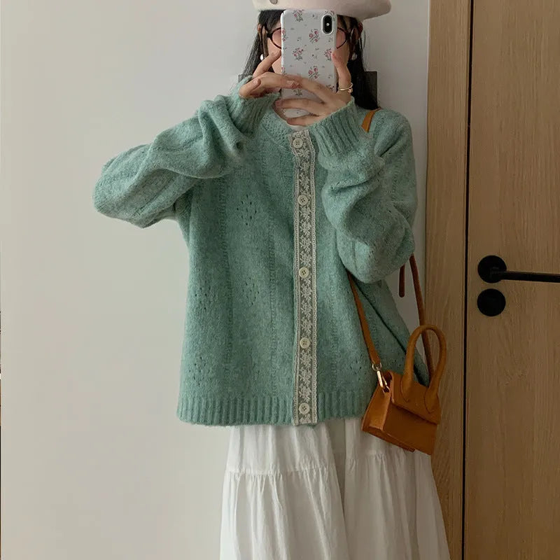 Artistic retro loose cardigan in viscose fibre, shown in apricot, green, pink, or light grey.
