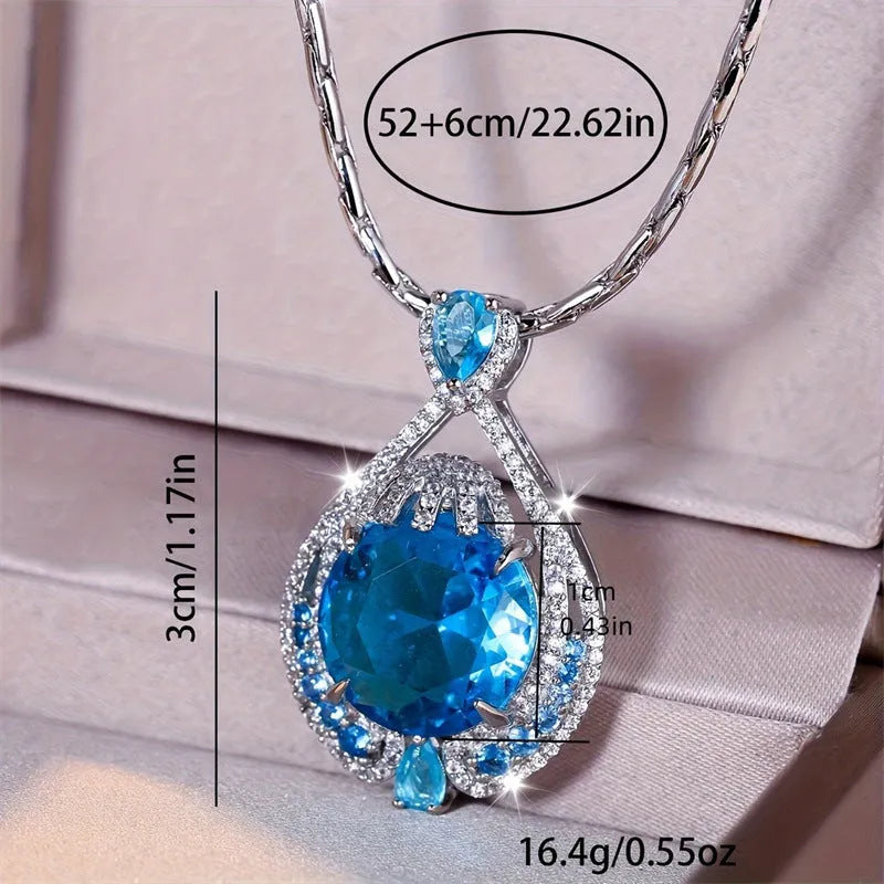Blue geometric crystal pendant necklace with water wave chain and fireworks-cut gems