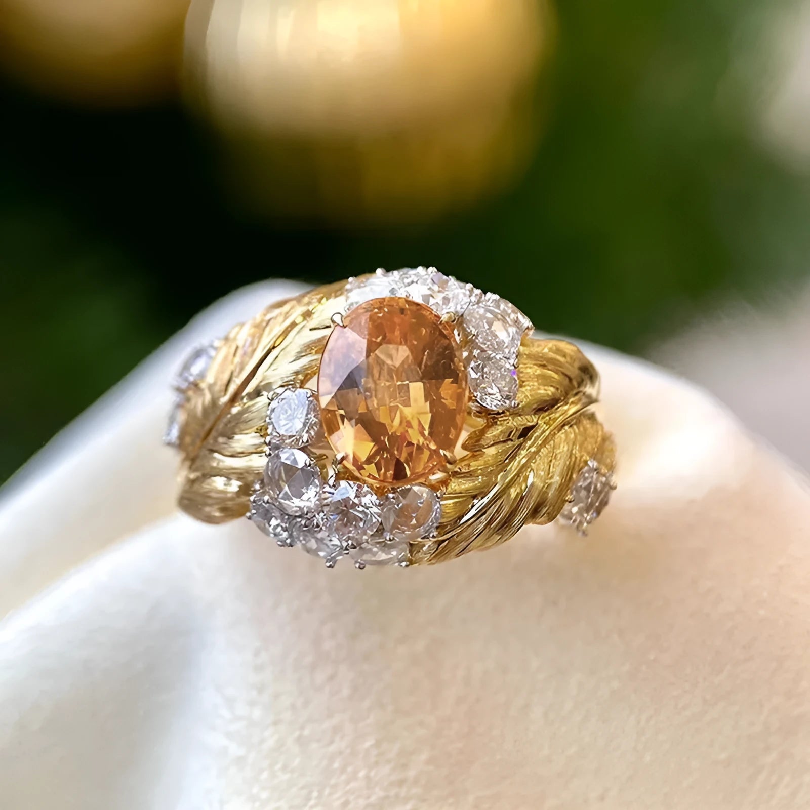 Gold-coloured copper feather ring with geometric design and yellow zircon inlay details