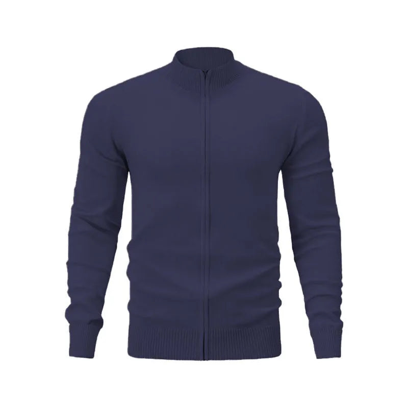 Loose-fit casual cotton zip cardigan sweater with a stand collar in apricot colour.