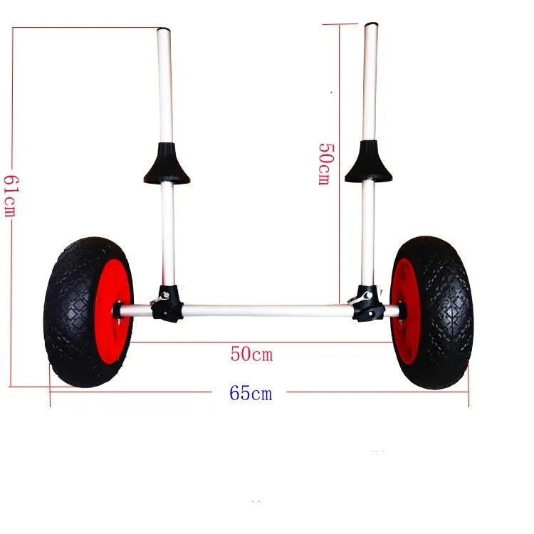 Foldable aluminium kayak cart with upright pole platform and wheels for beach transport