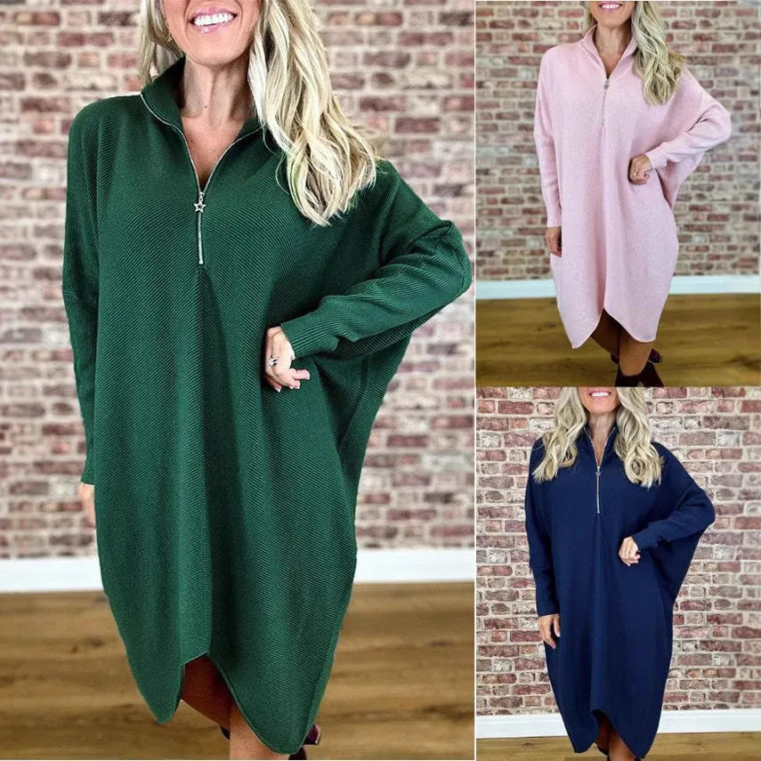 Women's solid colour knitted loose dress with zipper detail and raglan sleeves