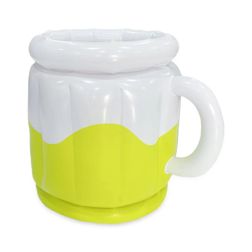 Yellow inflatable PVC ice bucket for drinks, shown deflated and inflated.