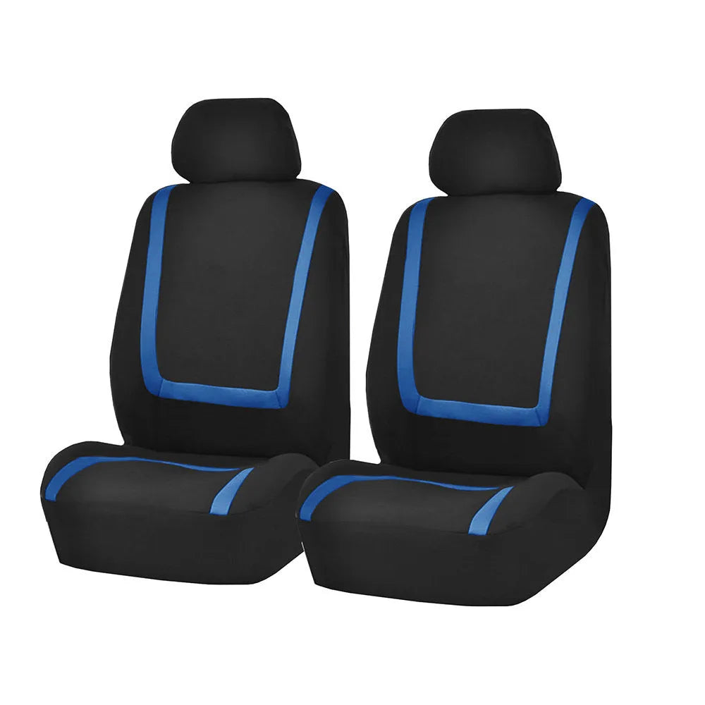 Universal fully enclosed fabric car seat cover set showing front and rear seat protection pieces.