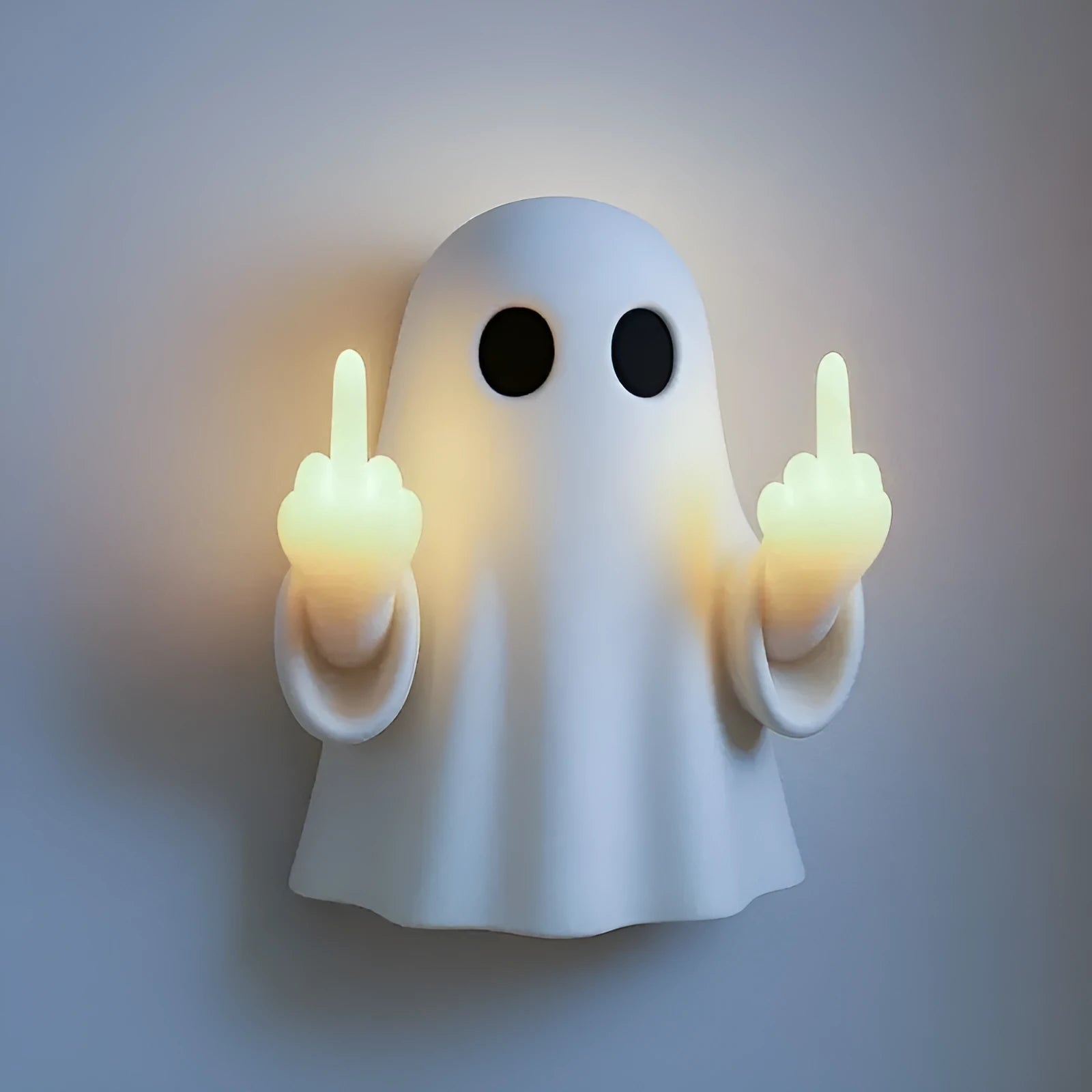 White cute ghost statue night lamp with LED light on, modern Halloween decoration