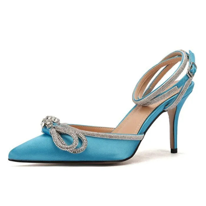 French style women's stiletto heel sandals with a silk bandage back and buckle closure, in multiple colours.