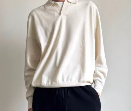 Men's milky white pure wool polo sweater with lapel collar and loose fit.
