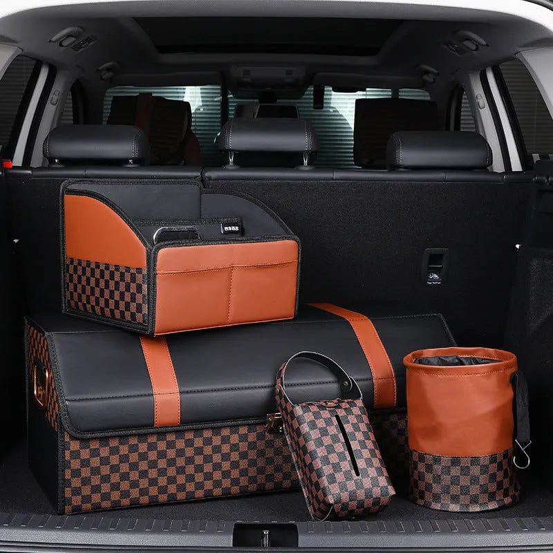 Leather retractable car trash can with handle in folded position