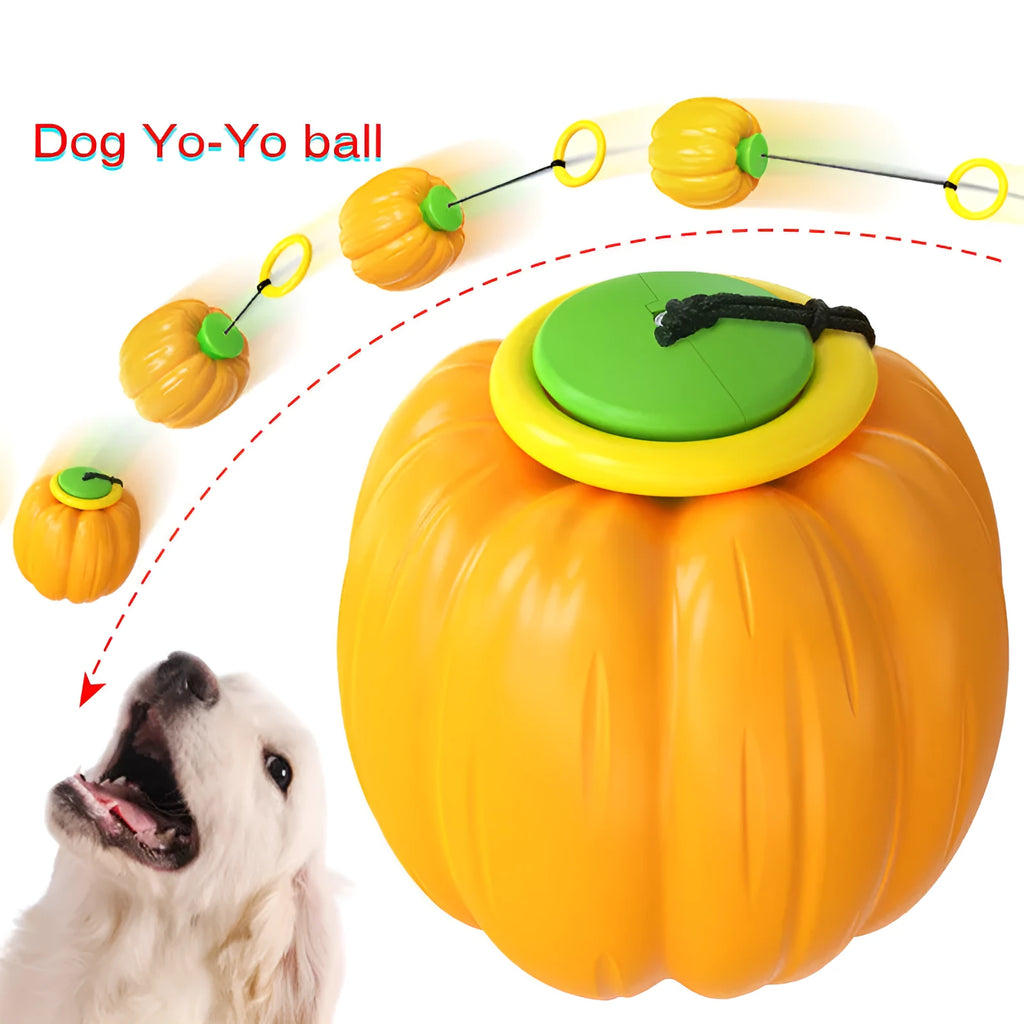 Green, orange, and yellow plastic pumpkin-shaped squeaker dog ball toy for puppies and small dogs.