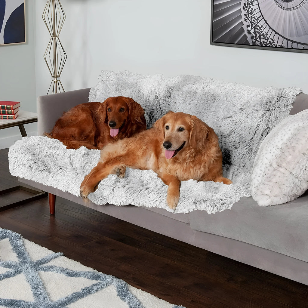Plush waterproof dog cushion in dark grey, shown in a large size for pet bedding.
