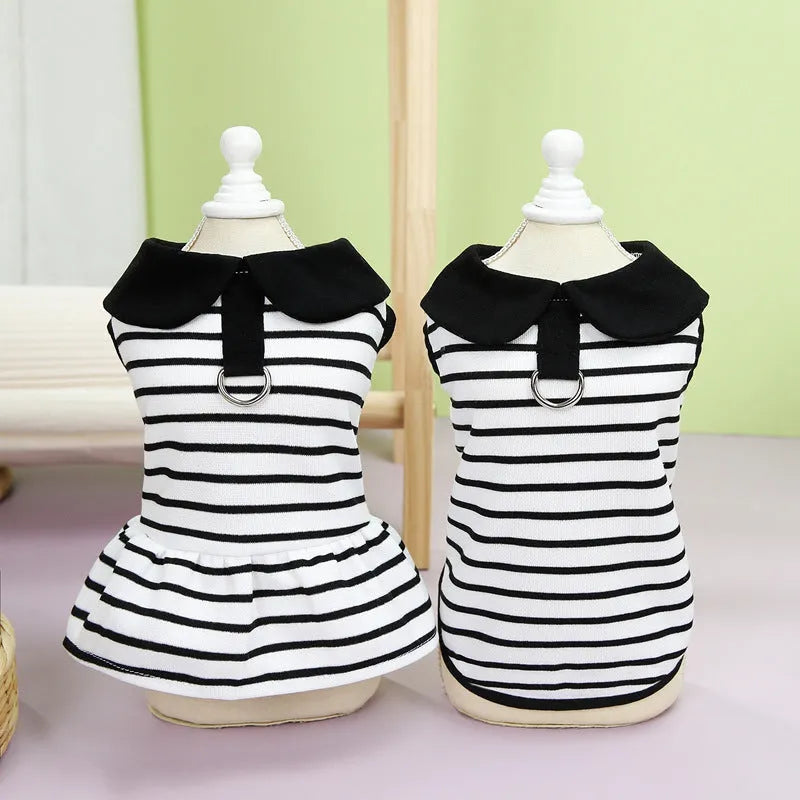 Matching cotton t-shirt and stripe skirt pet clothing set for dogs and cats in summer
