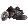 Men's black genuine leather belt with punk rivet design and a silver alloy buckle.