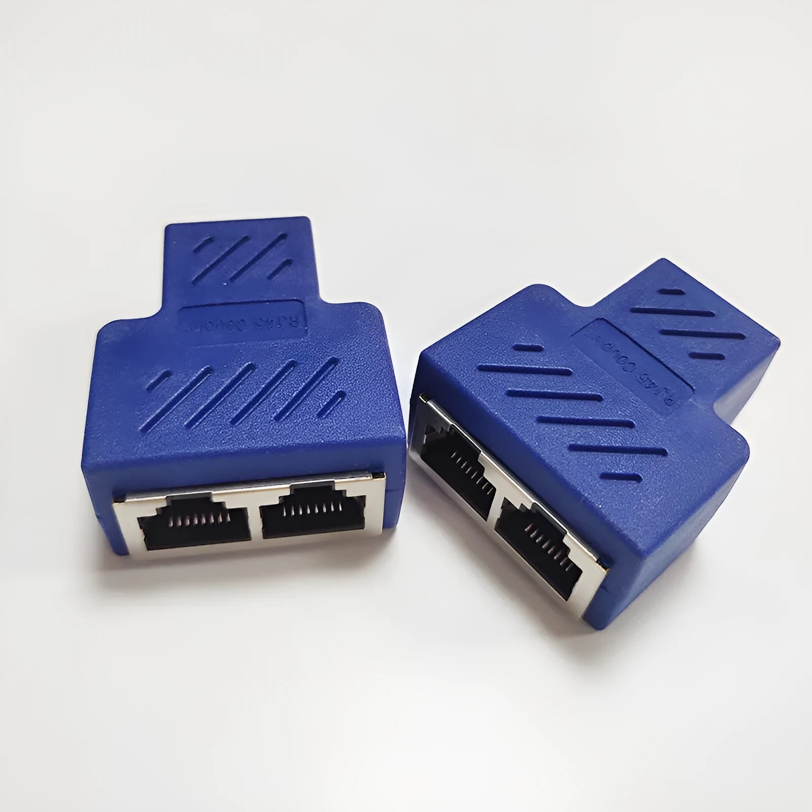 White RJ45 network cable splitter with one male and two female connectors