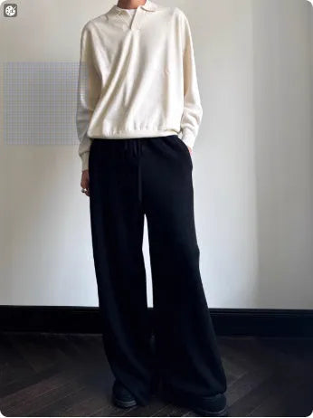 Men's milky white pure wool polo sweater with lapel collar and loose fit.
