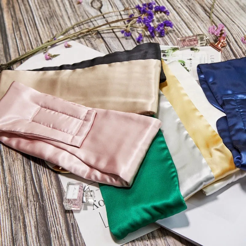 Mulberry silk sleep eye mask in multiple colour options including black, champagne gold, and navy blue