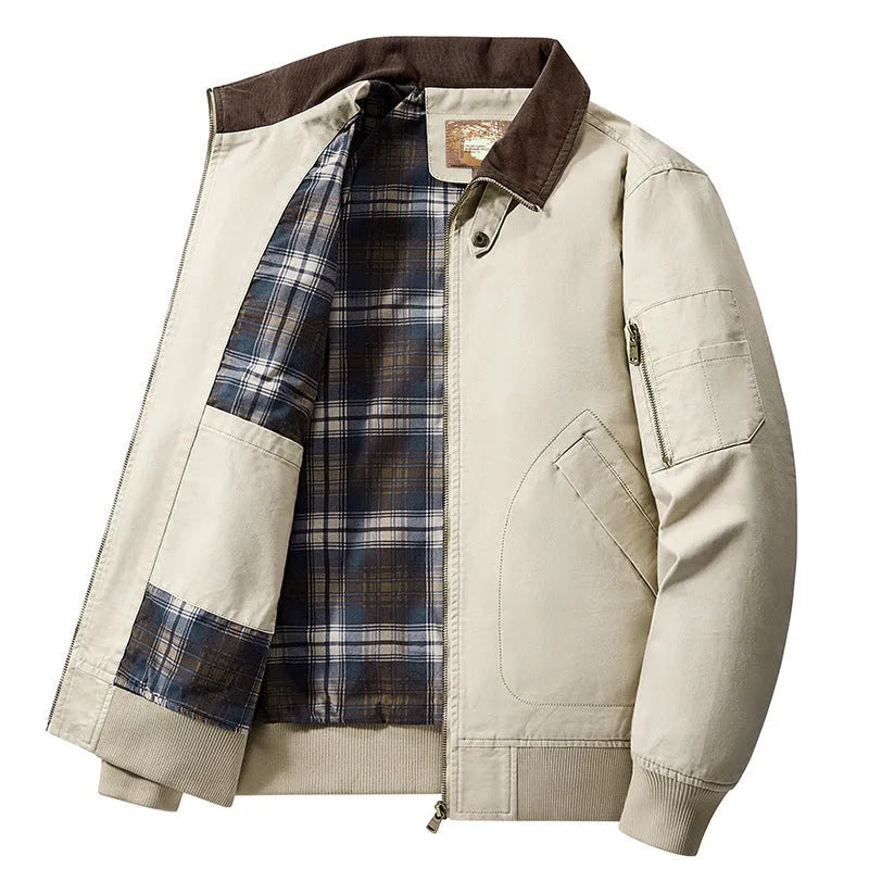 Men's plus size washed cotton baseball flight jacket in Army Green colour.