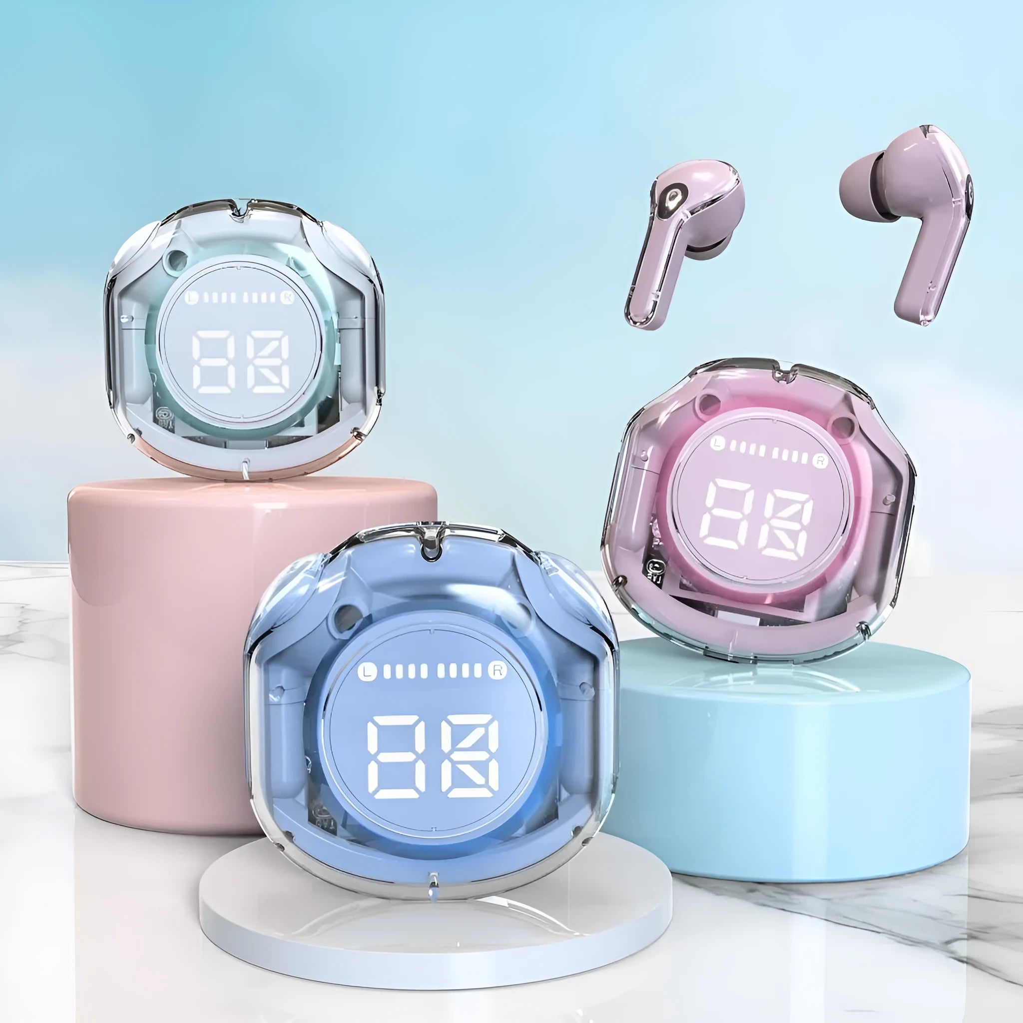 Transparent warehouse wireless Bluetooth headset in various colours showing in-ear design