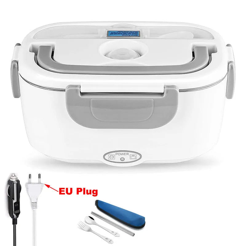 Grey electric heating lunch box with stainless steel inner tank and dual power cord for car and home use