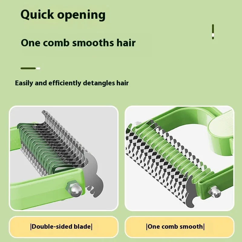 Pet hair unknotting comb with stainless steel blades and PP handle in green or grey