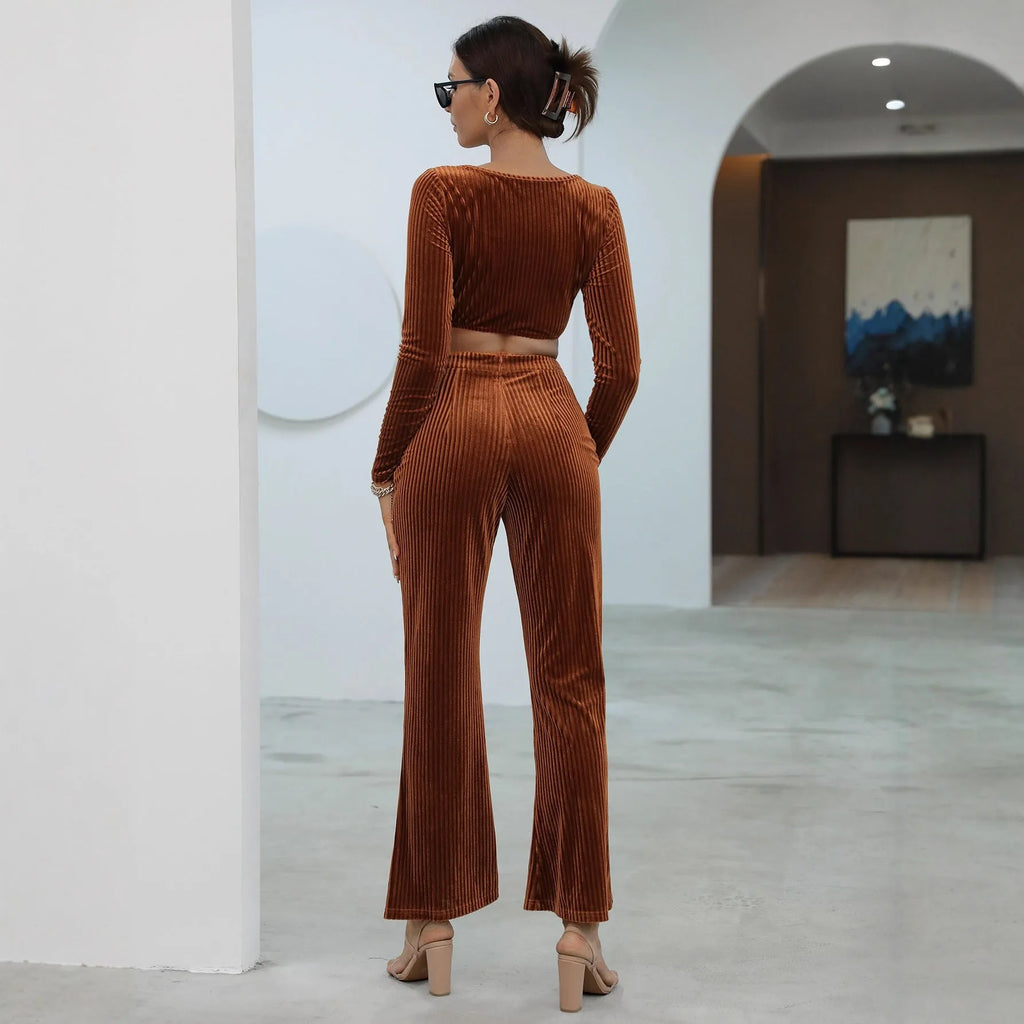 Caramel coloured long sleeve sweater set with matching top and trousers