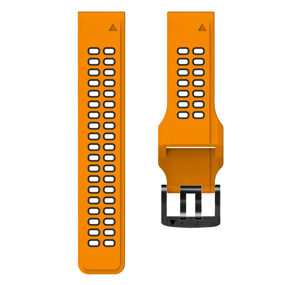 Quick release double-row hole silicone watch strap in a two-tone colour combination with a pin buckle.