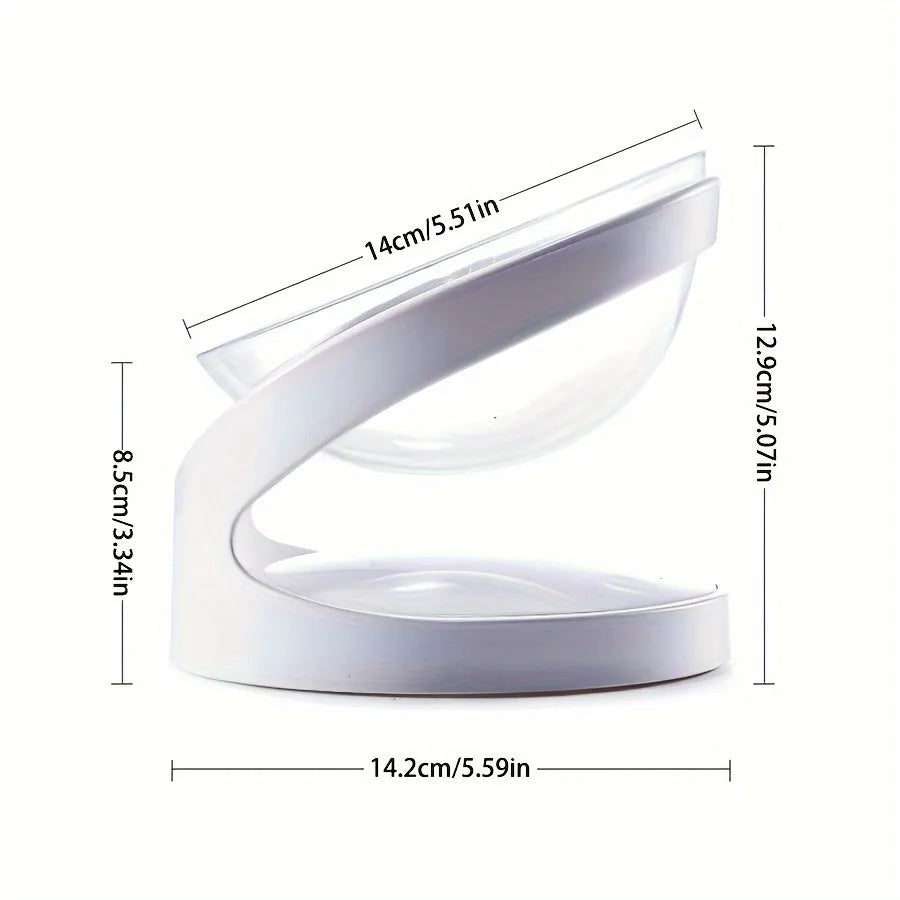 White elevated plastic cat food bowl with clear dish on a tilted stand