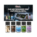 Car air freshener refill set showing five small bottles with Cologne, Ocean, Vanilla, Lavender, and Citrus labels.