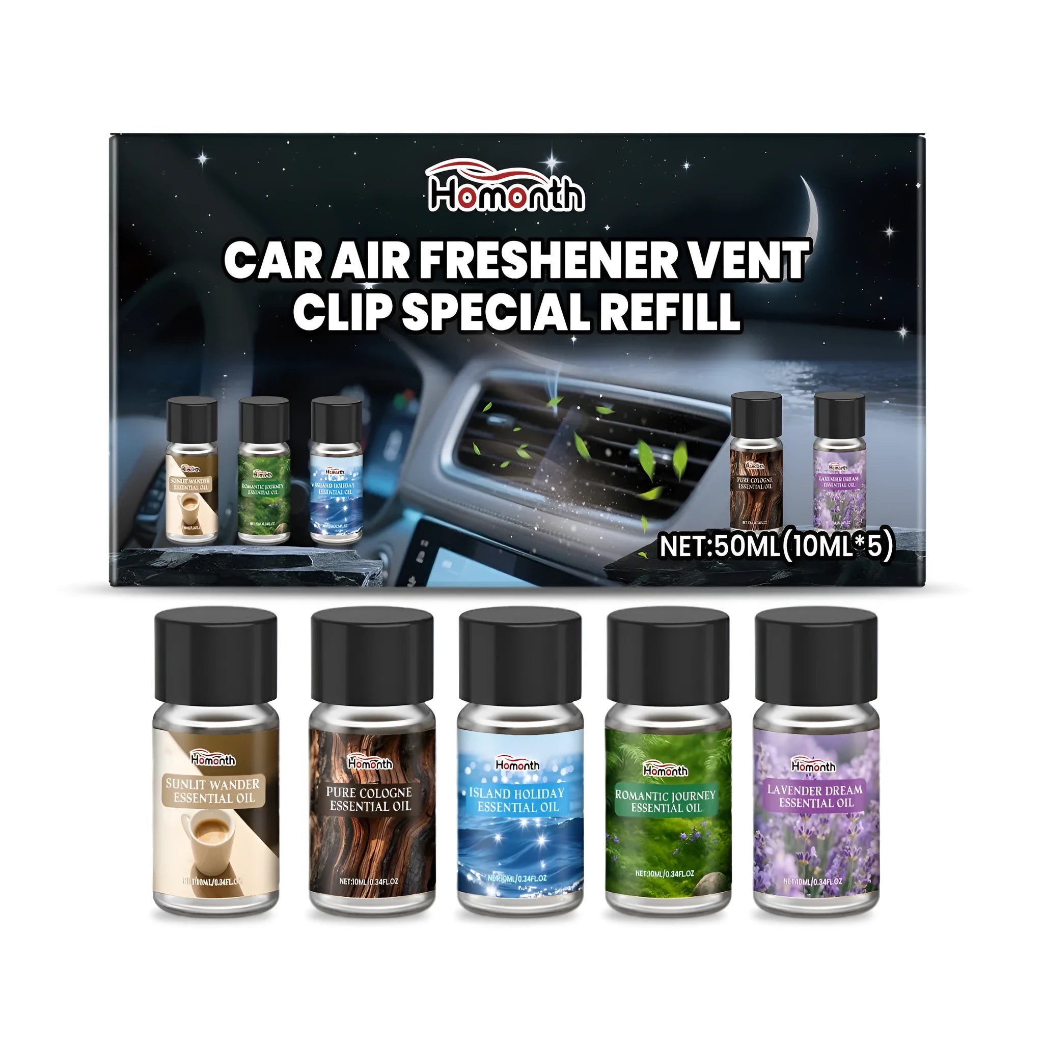 Car air freshener refill set showing five small bottles with Cologne, Ocean, Vanilla, Lavender, and Citrus labels.