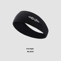 Seamless knitted sports hair band in black, grey, and blue colours on a plain background.