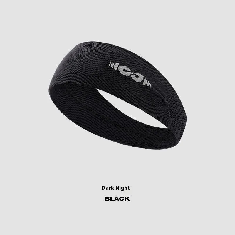 Seamless knitted sports hair band in black, grey, and blue colours on a plain background.