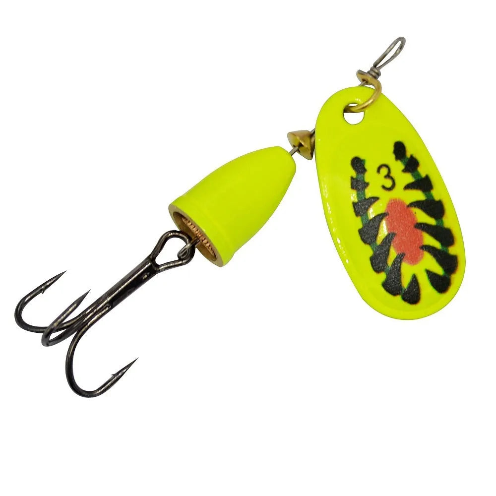 3# size metal fishing lure with a rotating sequin blade and a copper bell component in one of seven colour options.