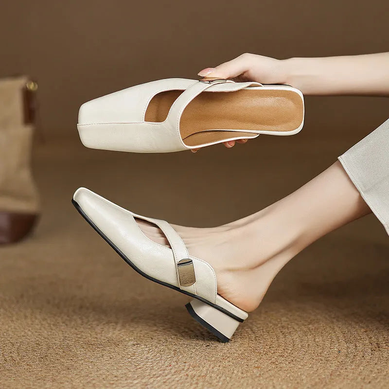 Casual low heel square toe slippers in black artificial PU with rubber sole