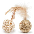 Cat toy set showing rattan ball and faux feather ball with bell, measuring 4x9cm and 3.5cm diameter respectively