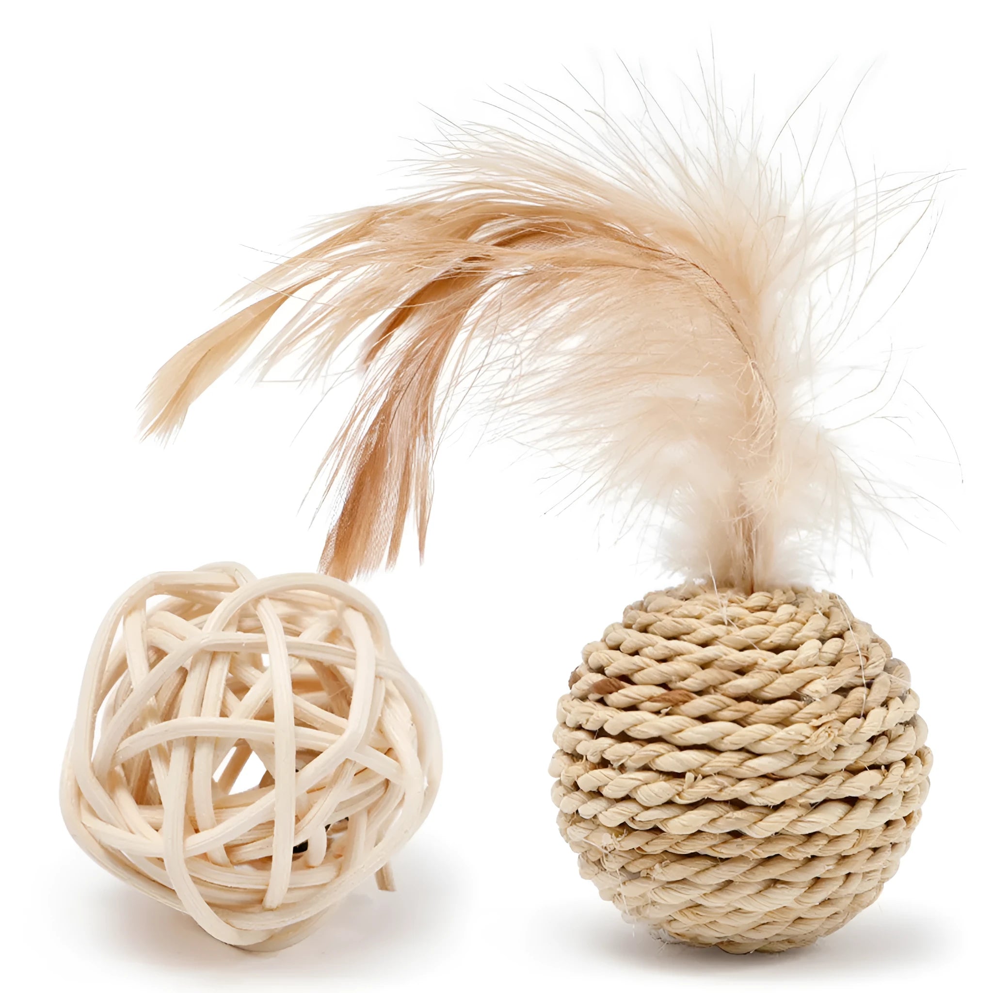 Cat toy set showing rattan ball and faux feather ball with bell, measuring 4x9cm and 3.5cm diameter respectively