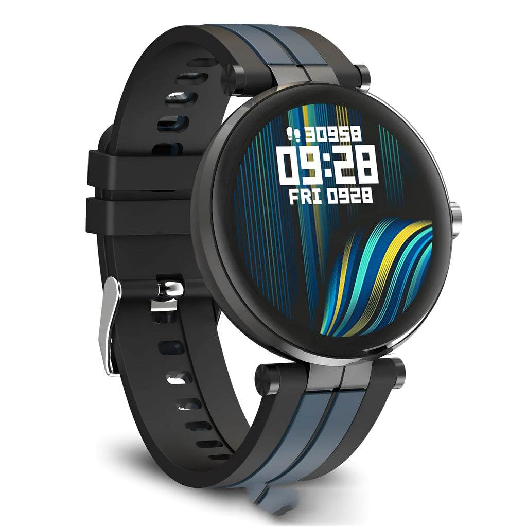Smart watch with blood pressure monitor on a silicone wrist strap, showing a 1.3-inch display.