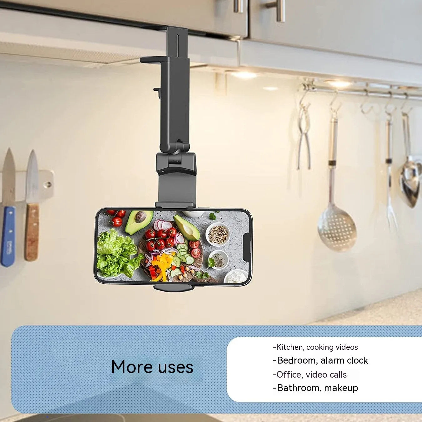 Foldable rotating phone holder in black, grey or green colours showing adjustable angle and universal phone compatibility