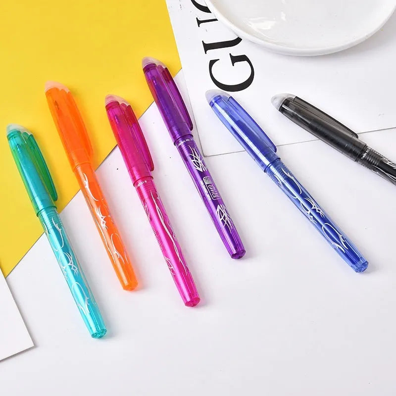Set of heat-erasable gel pens in multiple colours with plastic bodies and stainless steel tips, showing 0.5mm and 0.7mm nib options.