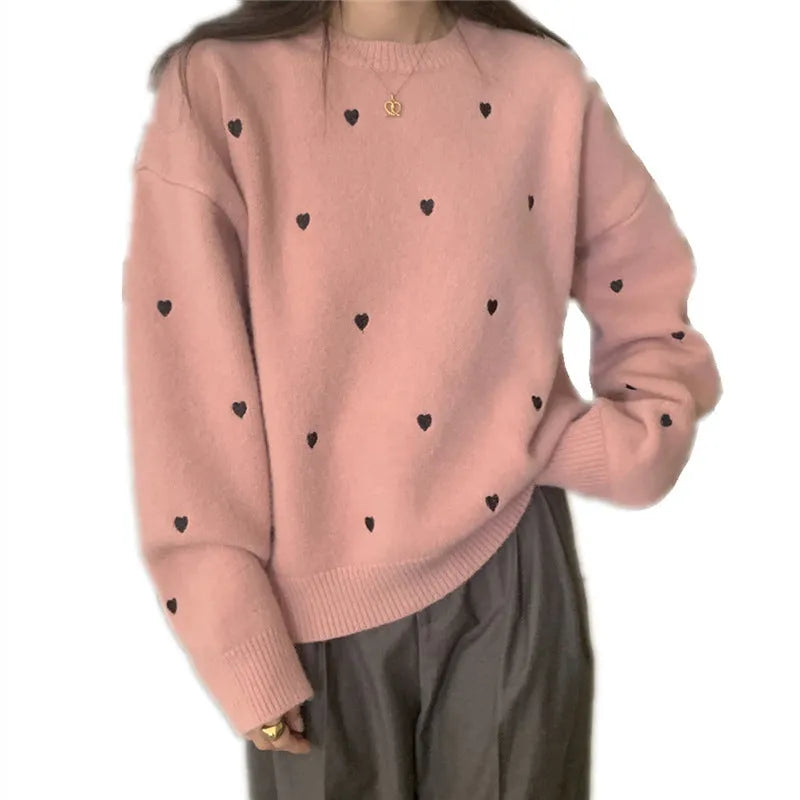Women's acrylic pullover sweater with embroidery detailing in loose fit, crew neck and long sleeves