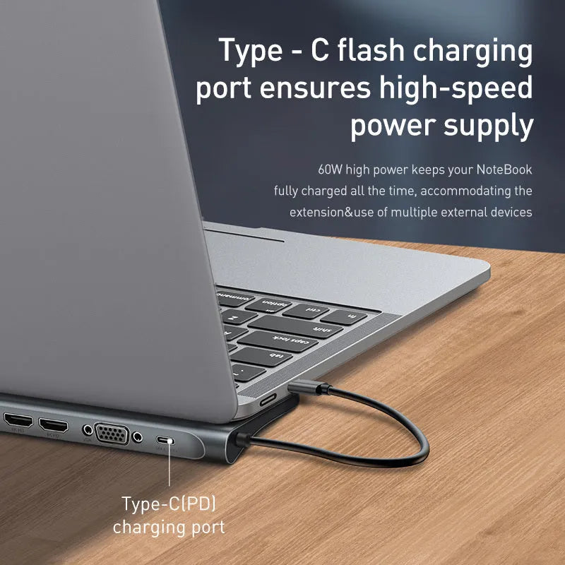 Grey aluminium alloy 10 port USB C hub docking station with cooling bracket for HDMI VGA network conversion