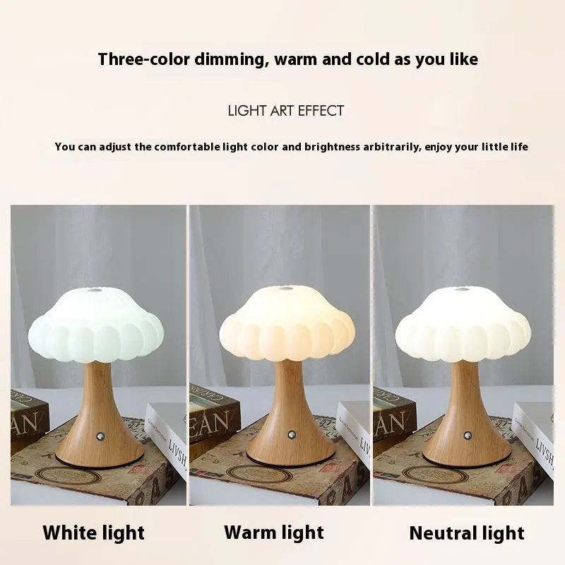 Mushroom shaped touch control night lamp with USB charging in wood grain colour